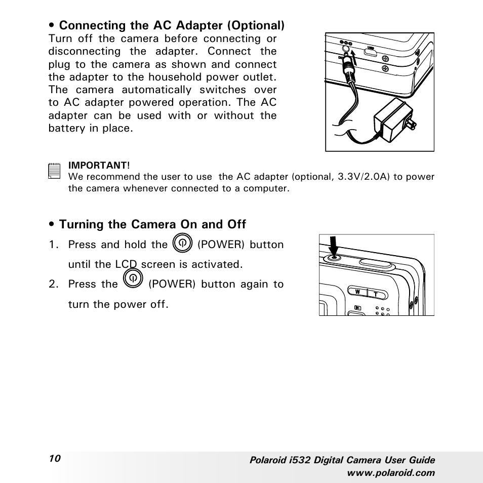 Connecting the ac adapter (optional), Turning the camera on and off | Polaroid i532 User Manual | Page 10 / 110