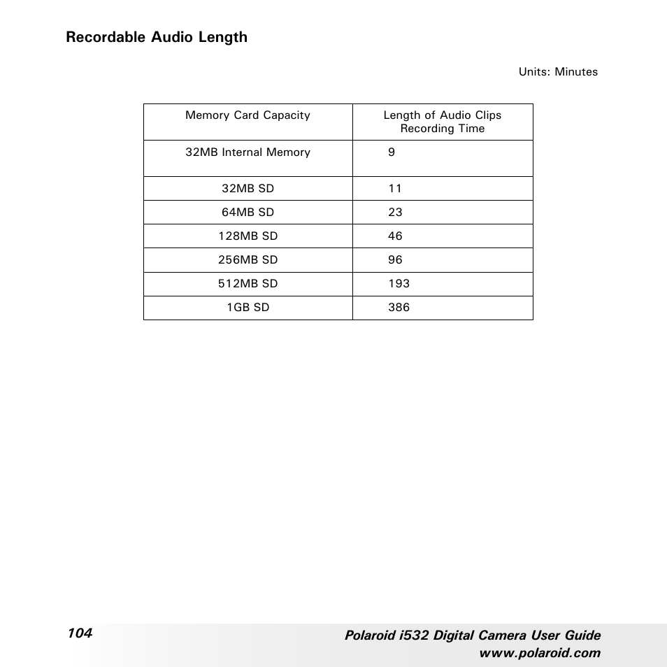 Recordable audio length | Polaroid i532 User Manual | Page 104 / 110