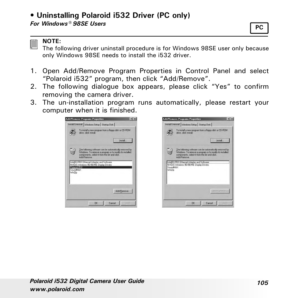 Uninstalling polaroid i532 driver (pc only) | Polaroid i532 User Manual | Page 105 / 110