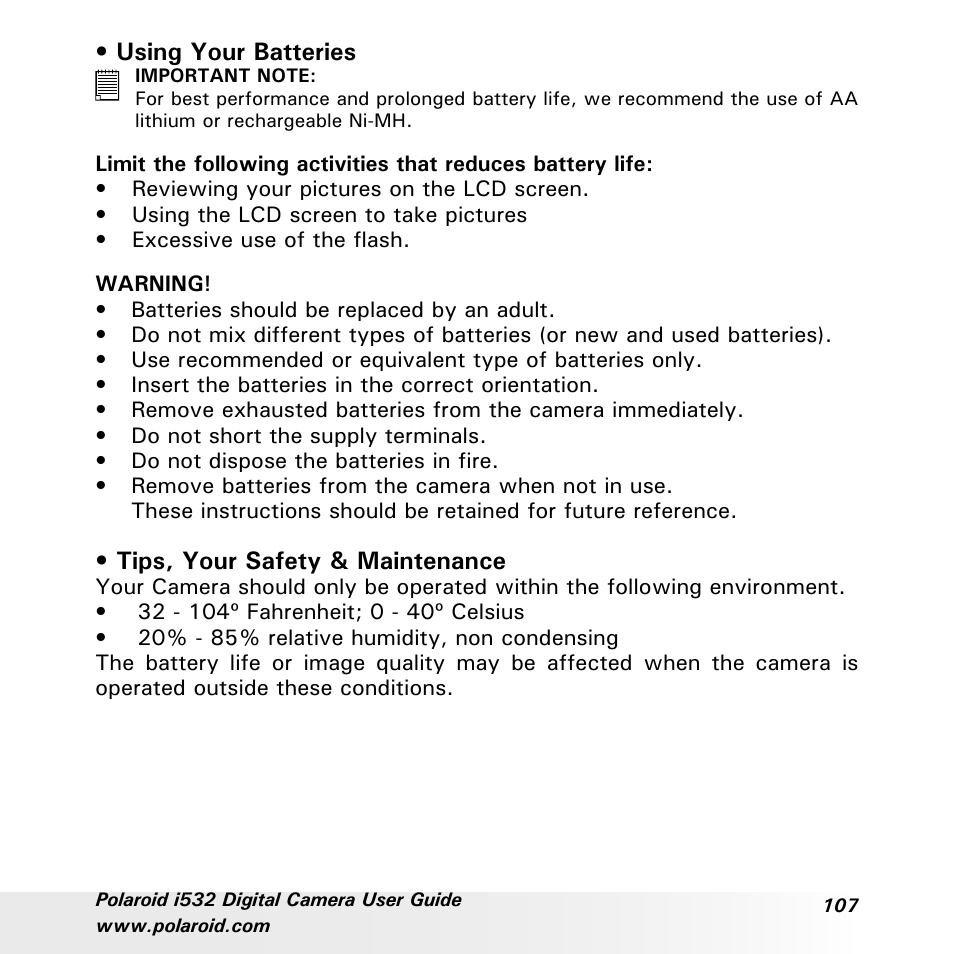 Using your batteries, Tips, your safety & maintenance | Polaroid i532 User Manual | Page 107 / 110