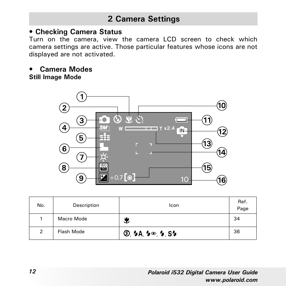 2 camera settings, Checking camera status, Camera modes | Still image mode | Polaroid i532 User Manual | Page 12 / 110