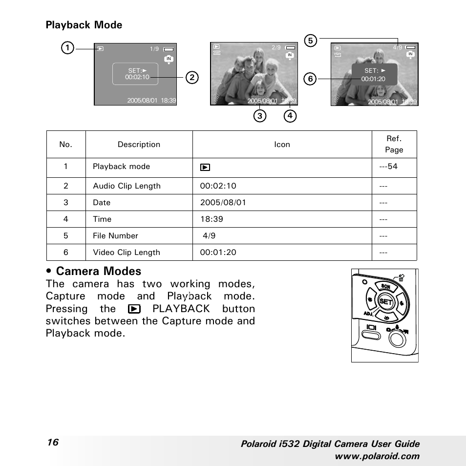 Camera modes, Playback mode | Polaroid i532 User Manual | Page 16 / 110