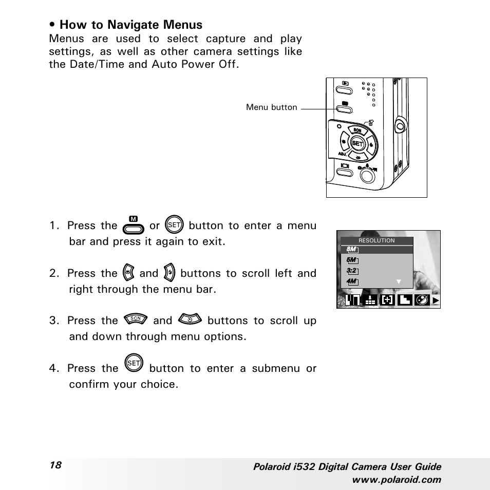 How to navigate menus | Polaroid i532 User Manual | Page 18 / 110