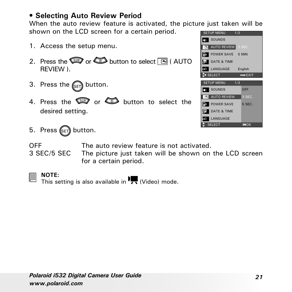 Selecting auto review period | Polaroid i532 User Manual | Page 21 / 110