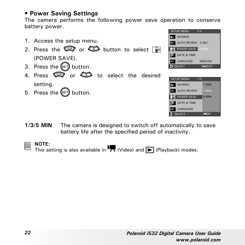 Power saving settings | Polaroid i532 User Manual | Page 22 / 110