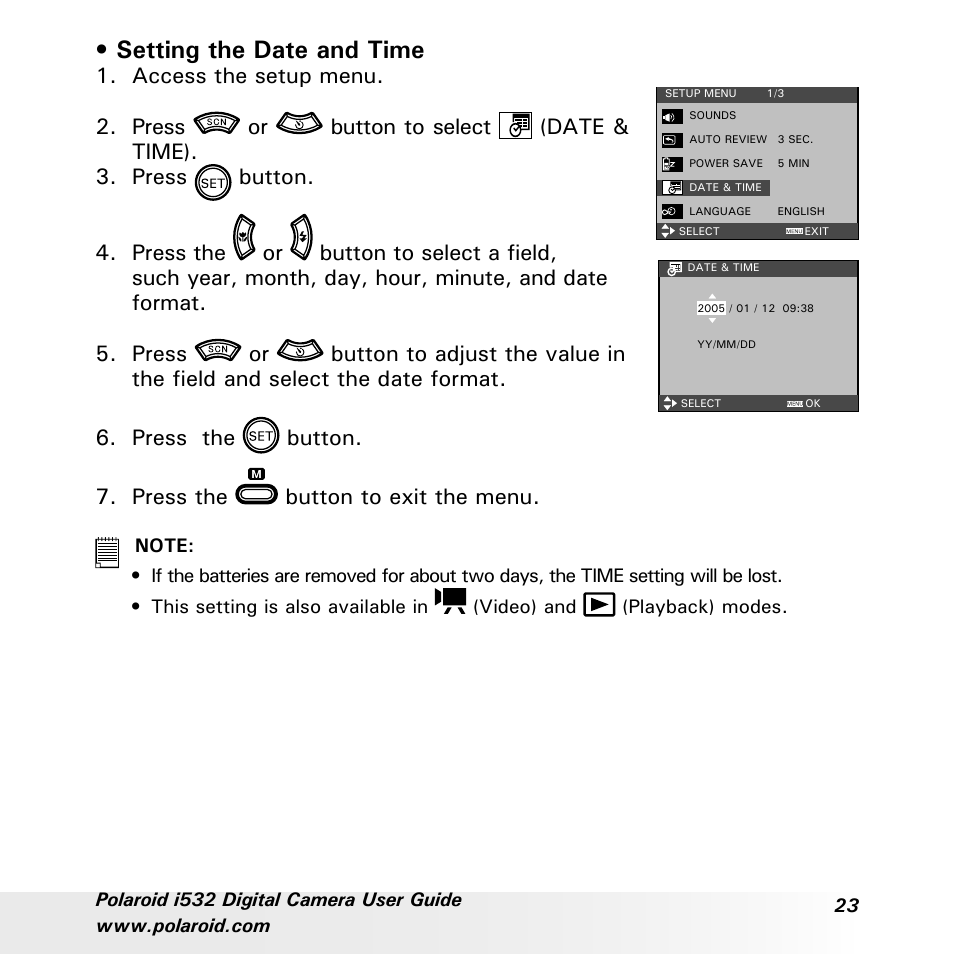 Setting the date and time, Access the setup menu | Polaroid i532 User Manual | Page 23 / 110
