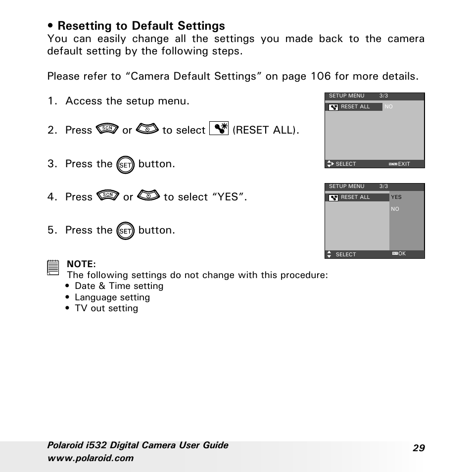 Resetting to default settings | Polaroid i532 User Manual | Page 29 / 110