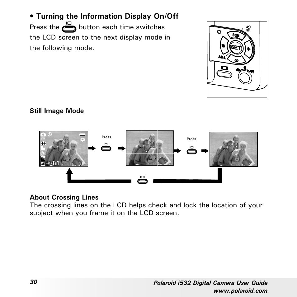 Turning the information display on/off | Polaroid i532 User Manual | Page 30 / 110