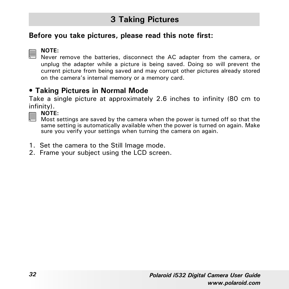 3 taking pictures, Taking pictures in normal mode | Polaroid i532 User Manual | Page 32 / 110