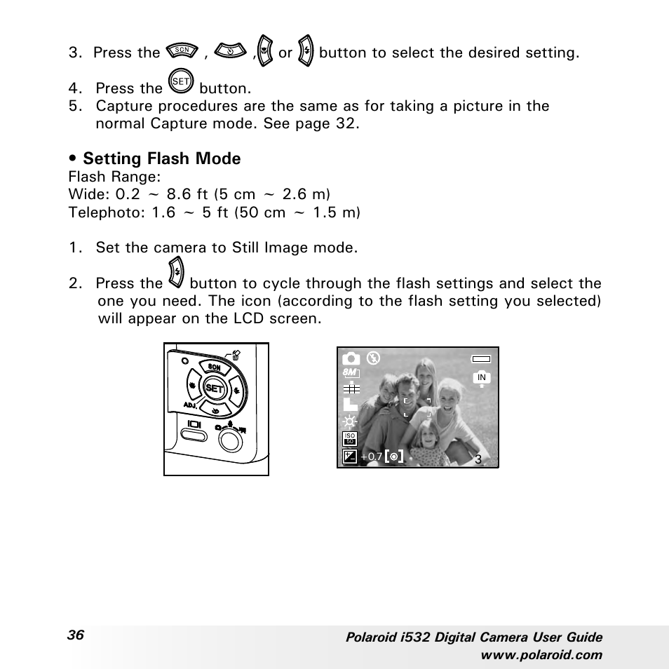 Setting flash mode | Polaroid i532 User Manual | Page 36 / 110