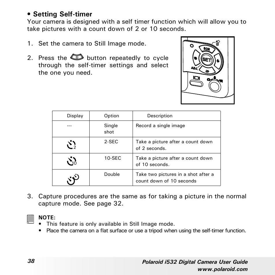 Setting self-timer | Polaroid i532 User Manual | Page 38 / 110