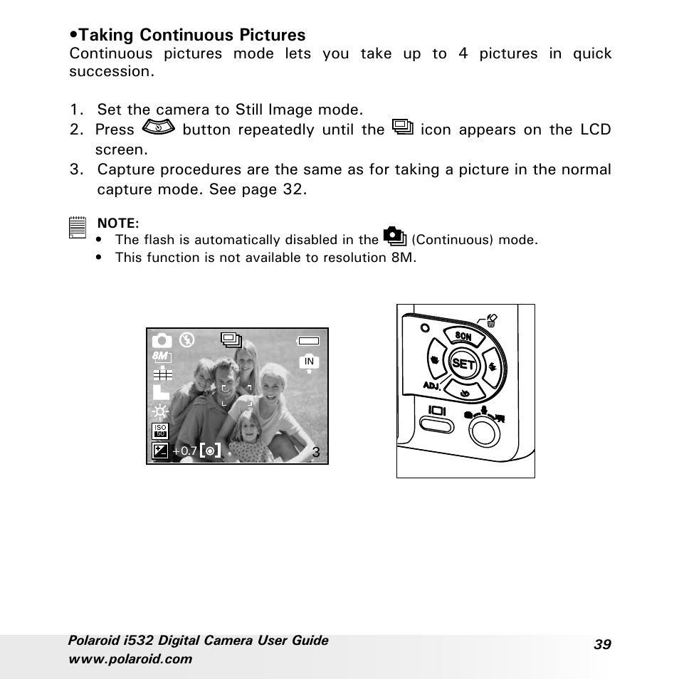 Taking continuous pictures | Polaroid i532 User Manual | Page 39 / 110