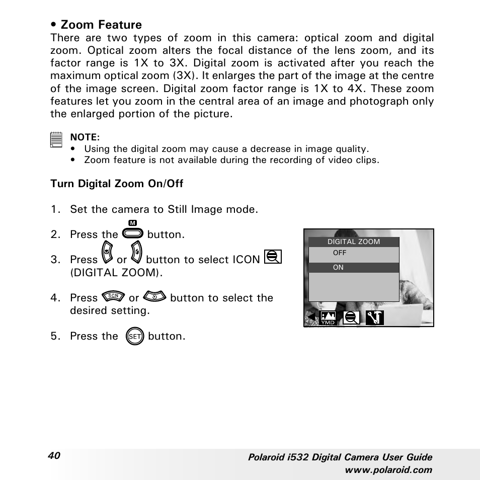 Zoom feature | Polaroid i532 User Manual | Page 40 / 110