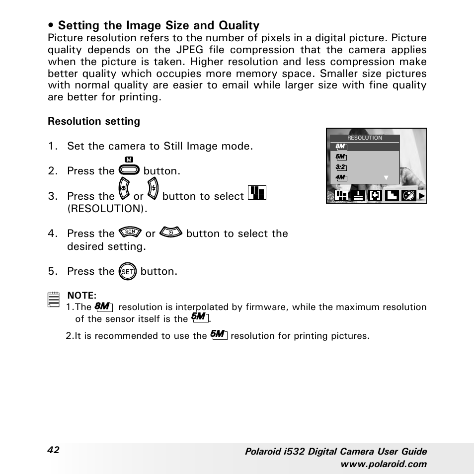 Setting the image size and quality | Polaroid i532 User Manual | Page 42 / 110