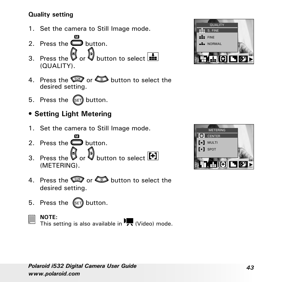 Setting light metering | Polaroid i532 User Manual | Page 43 / 110