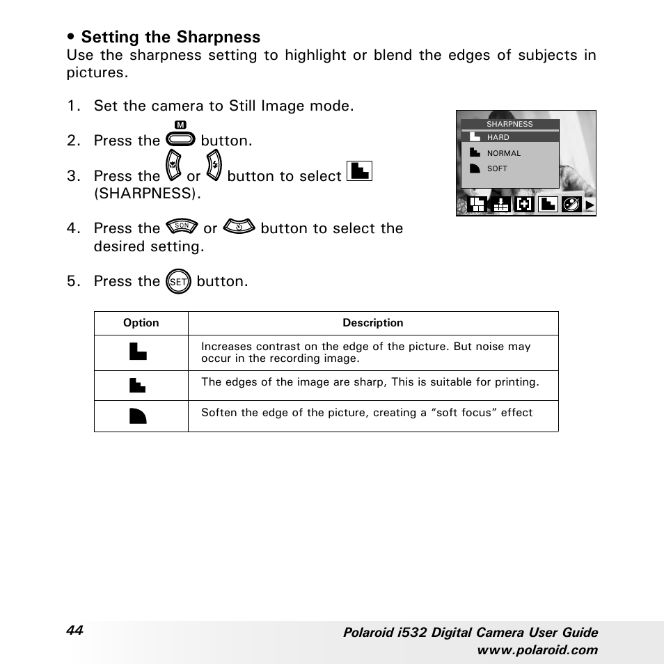 Setting the sharpness | Polaroid i532 User Manual | Page 44 / 110