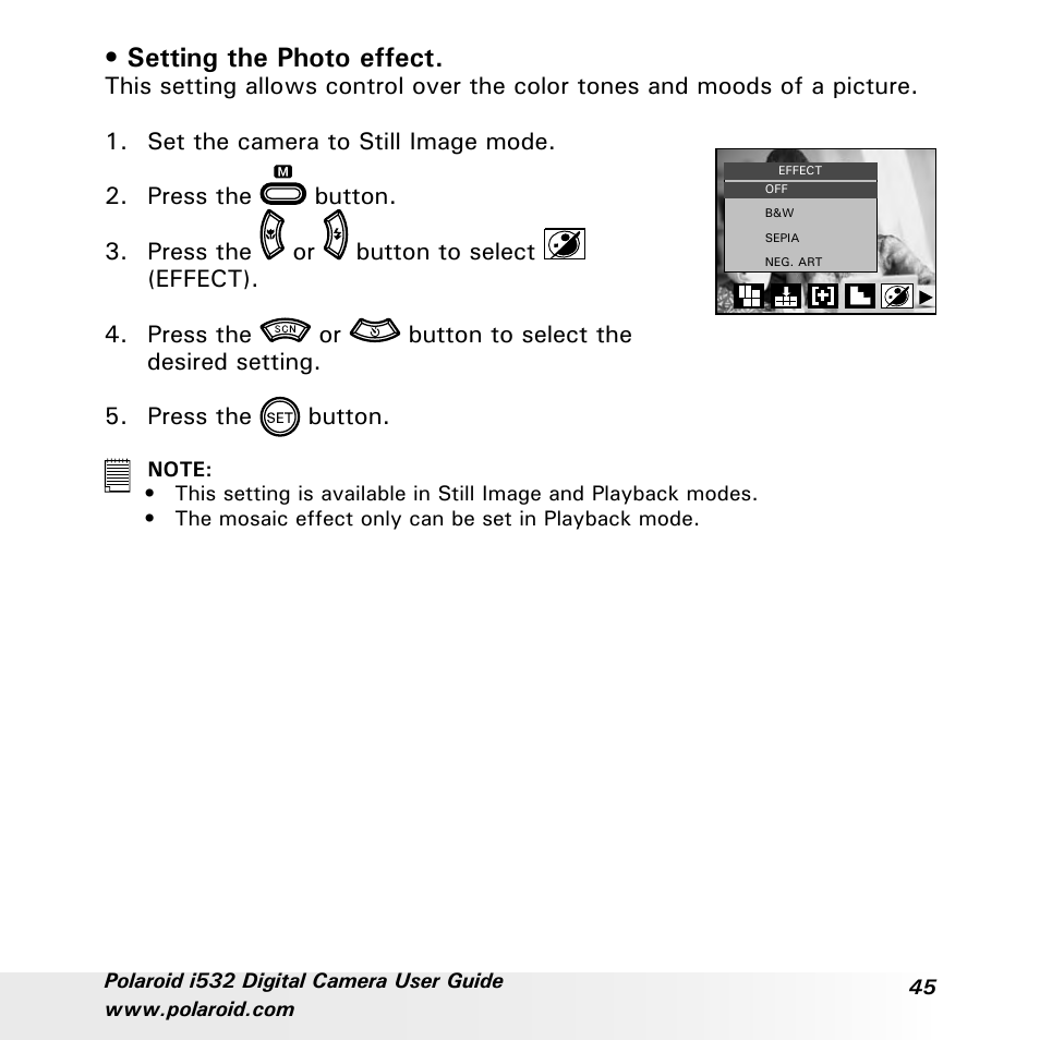 Setting the photo effect | Polaroid i532 User Manual | Page 45 / 110
