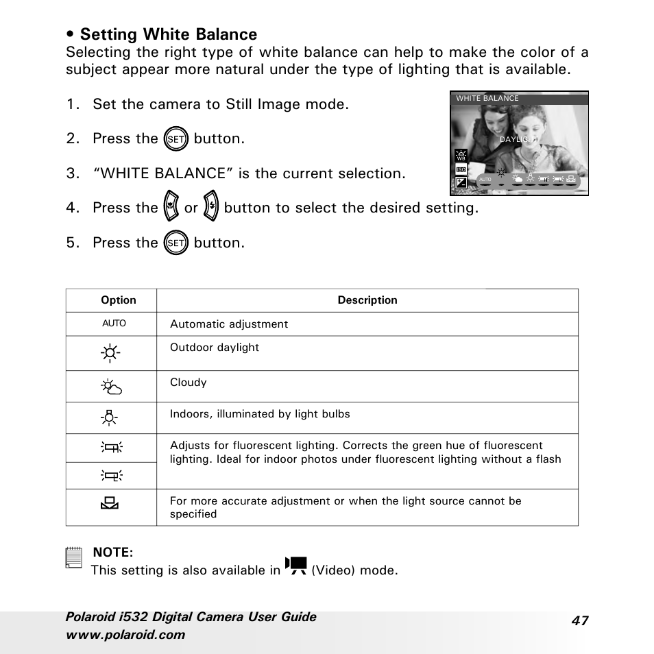 Setting white balance | Polaroid i532 User Manual | Page 47 / 110