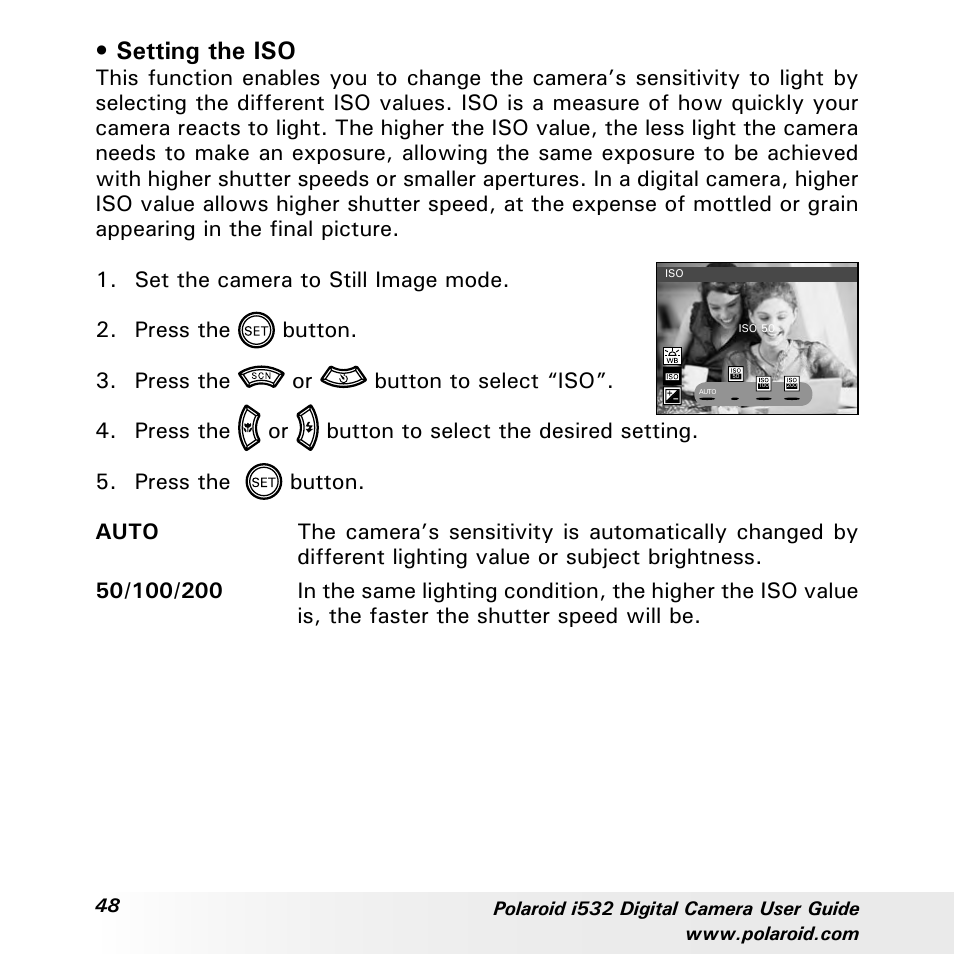 Setting the iso | Polaroid i532 User Manual | Page 48 / 110