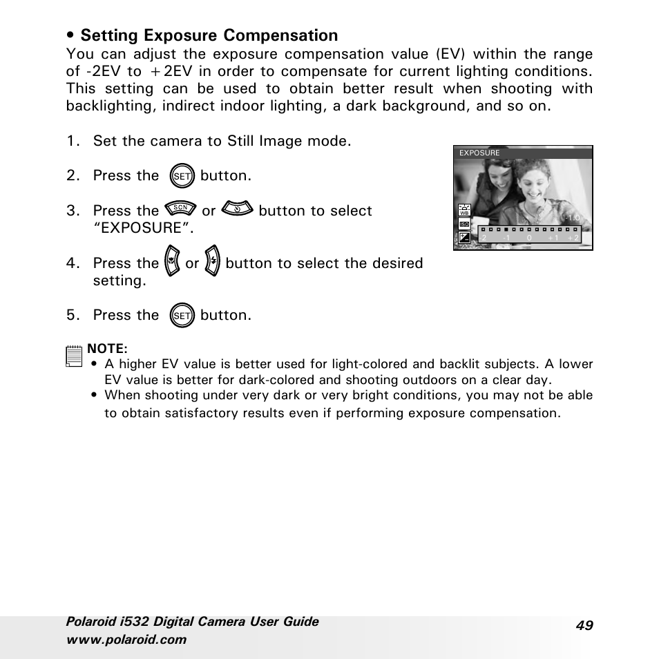Setting exposure compensation | Polaroid i532 User Manual | Page 49 / 110