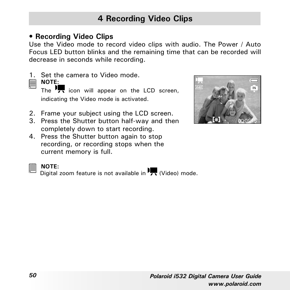 4 recording video clips, Recording video clips | Polaroid i532 User Manual | Page 50 / 110