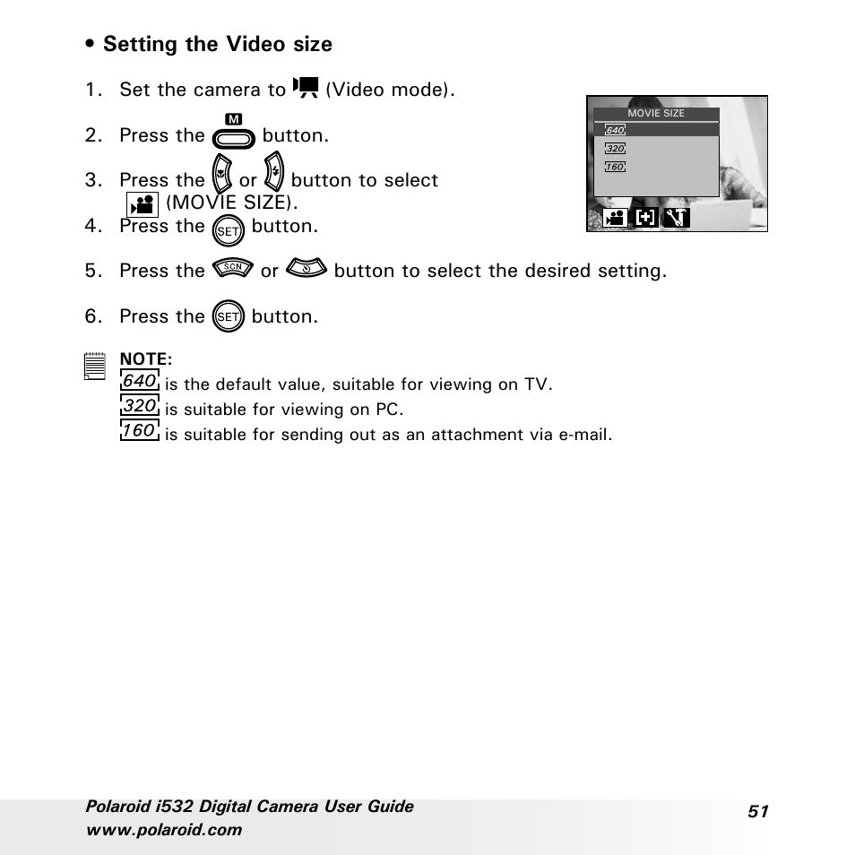 Setting the video size | Polaroid i532 User Manual | Page 51 / 110