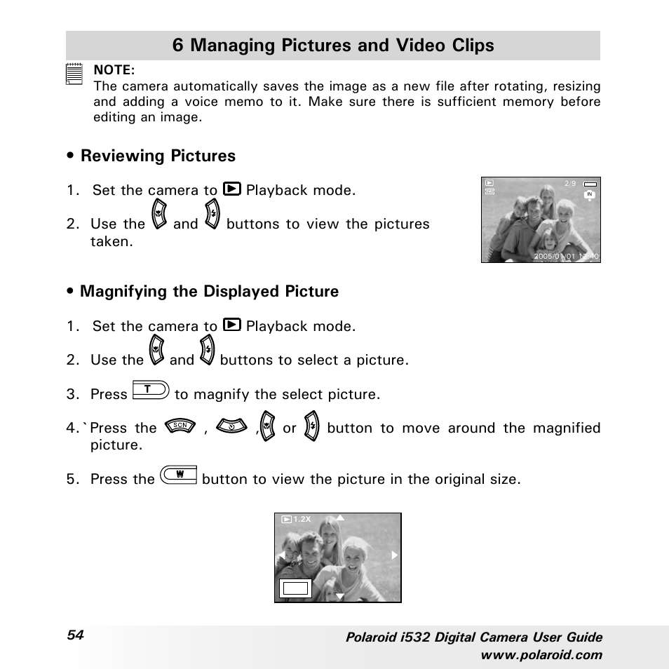 6 managing pictures and video clips, Reviewing pictures, Magnifying the displayed picture | Polaroid i532 User Manual | Page 54 / 110
