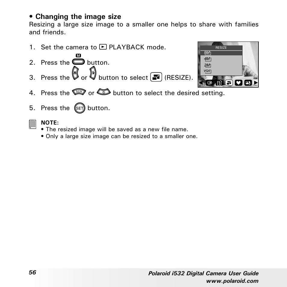 Changing the image size | Polaroid i532 User Manual | Page 56 / 110