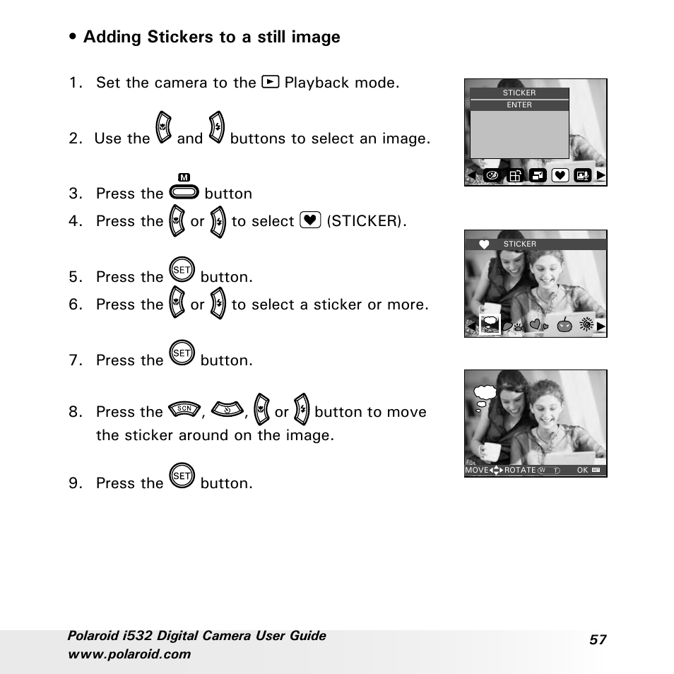 Adding stickers to a still image | Polaroid i532 User Manual | Page 57 / 110