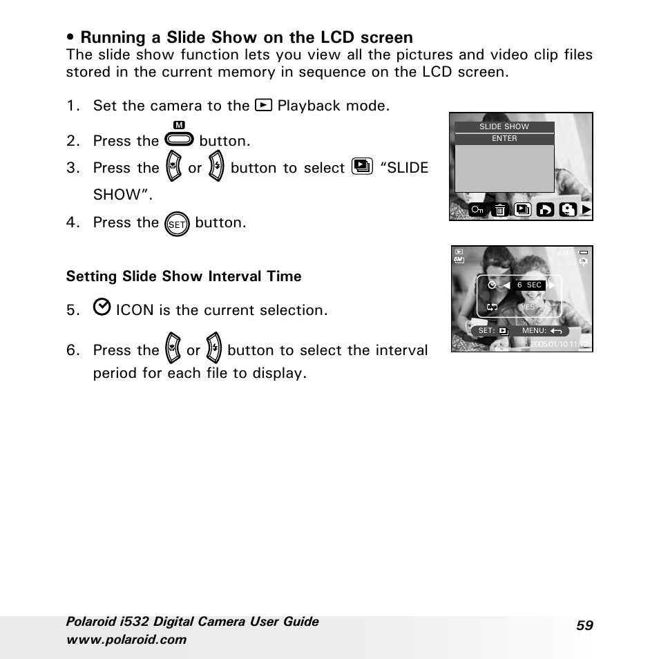 Running a slide show on the lcd screen | Polaroid i532 User Manual | Page 59 / 110