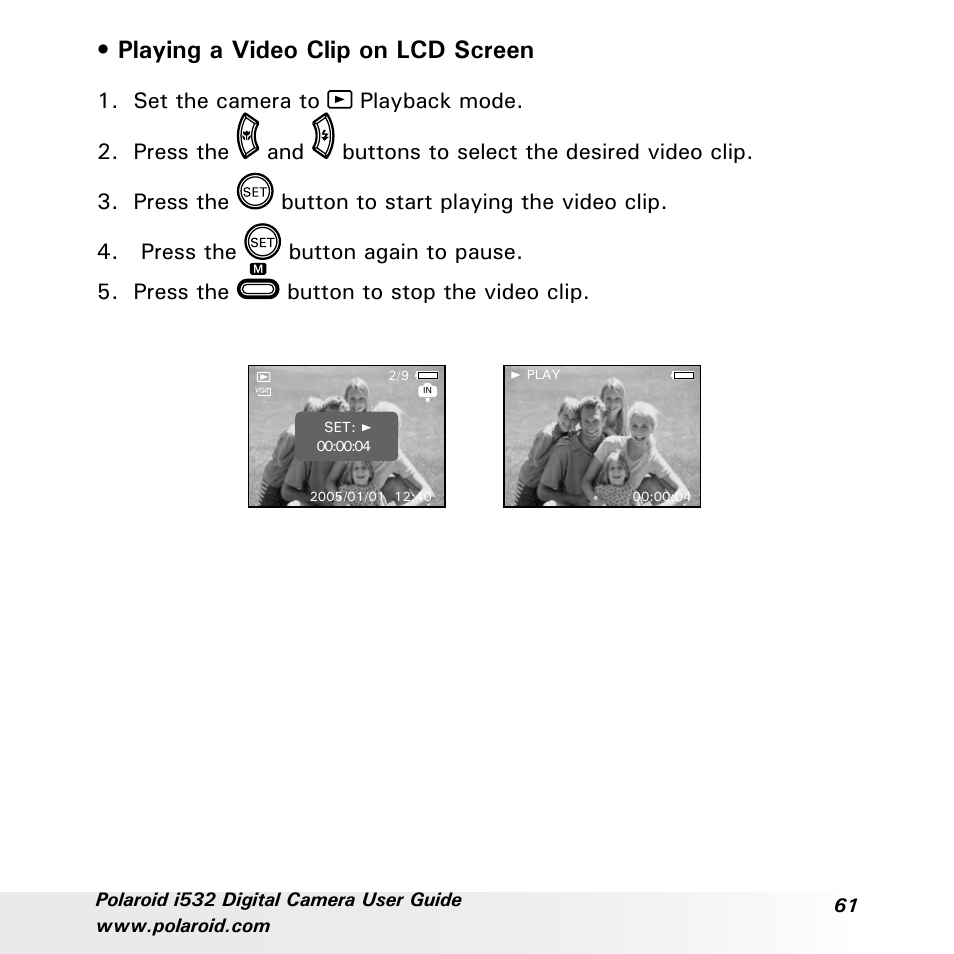 Playing a video clip on lcd screen | Polaroid i532 User Manual | Page 61 / 110
