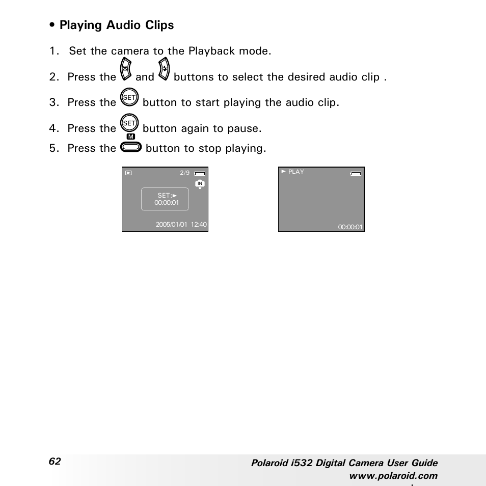 Playing audio clips | Polaroid i532 User Manual | Page 62 / 110