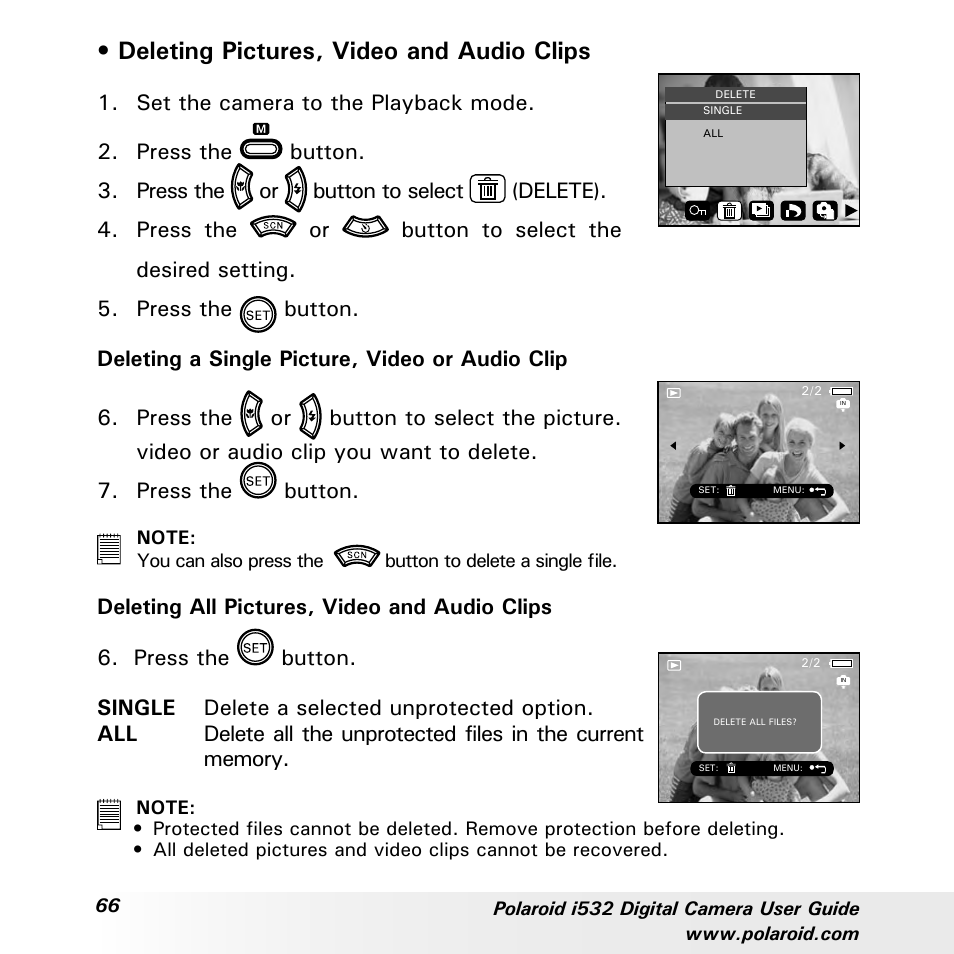 Deleting pictures, video and audio clips, Set the camera to the playback mode | Polaroid i532 User Manual | Page 66 / 110