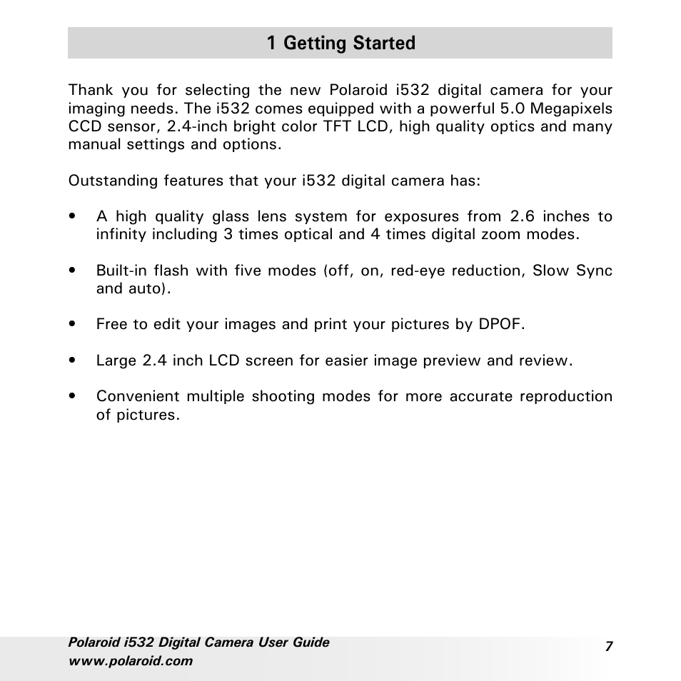 1 getting started | Polaroid i532 User Manual | Page 7 / 110