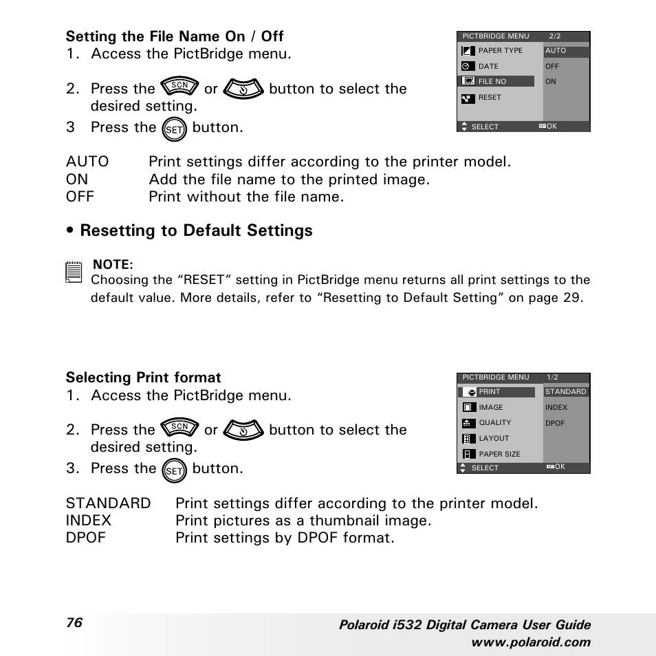 Resetting to default settings | Polaroid i532 User Manual | Page 76 / 110