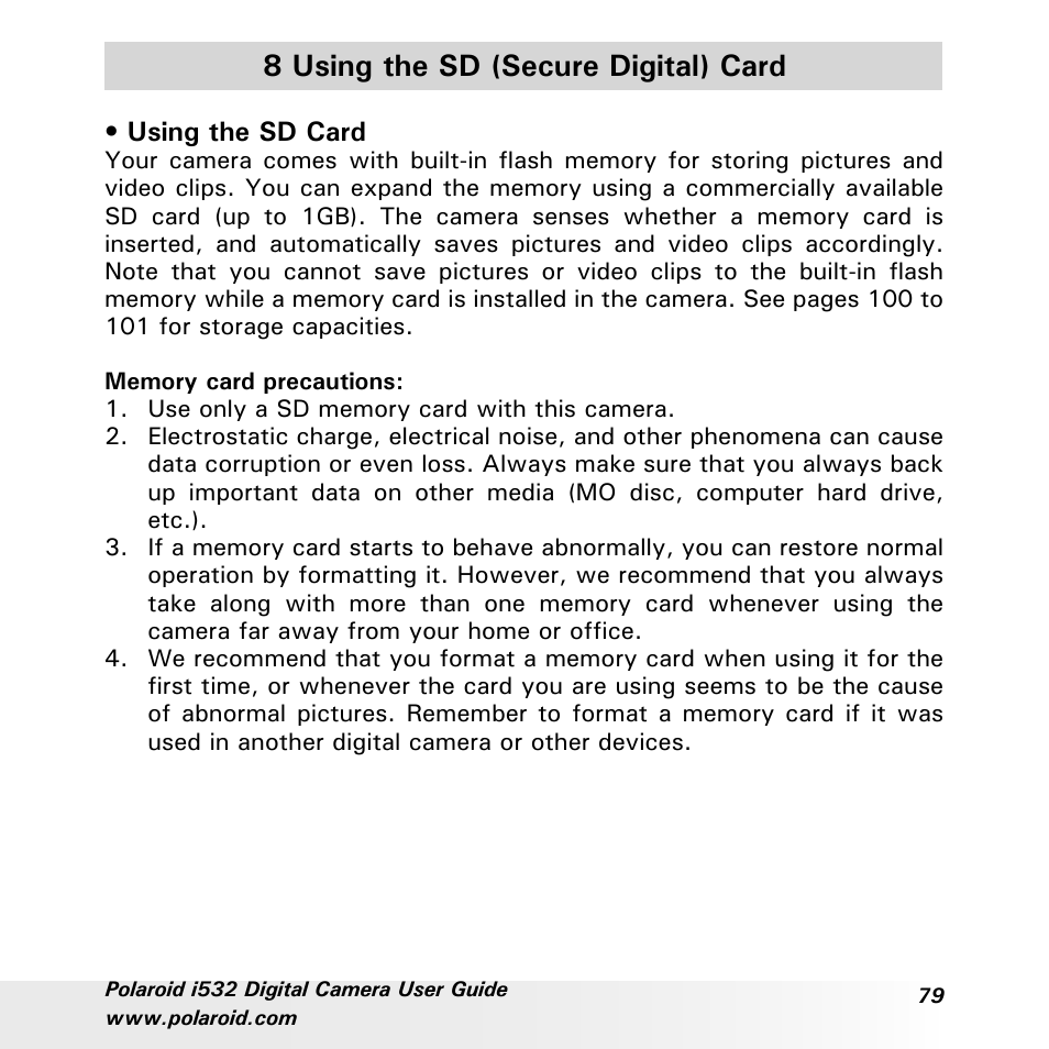 8 using the sd (secure digital) card | Polaroid i532 User Manual | Page 79 / 110