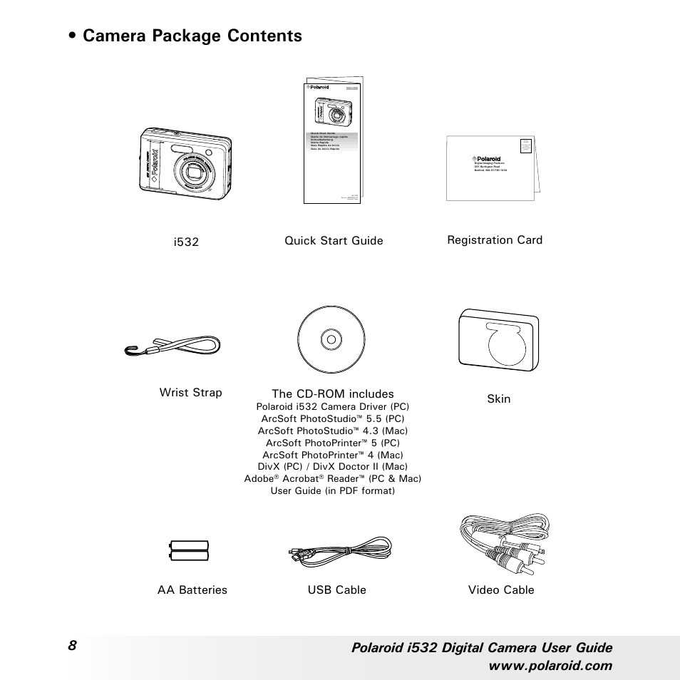 Camera package contents, Registration card, I532 the cd-rom includes | Skin quick start guide, Usb cable wrist strap aa batteries video cable | Polaroid i532 User Manual | Page 8 / 110