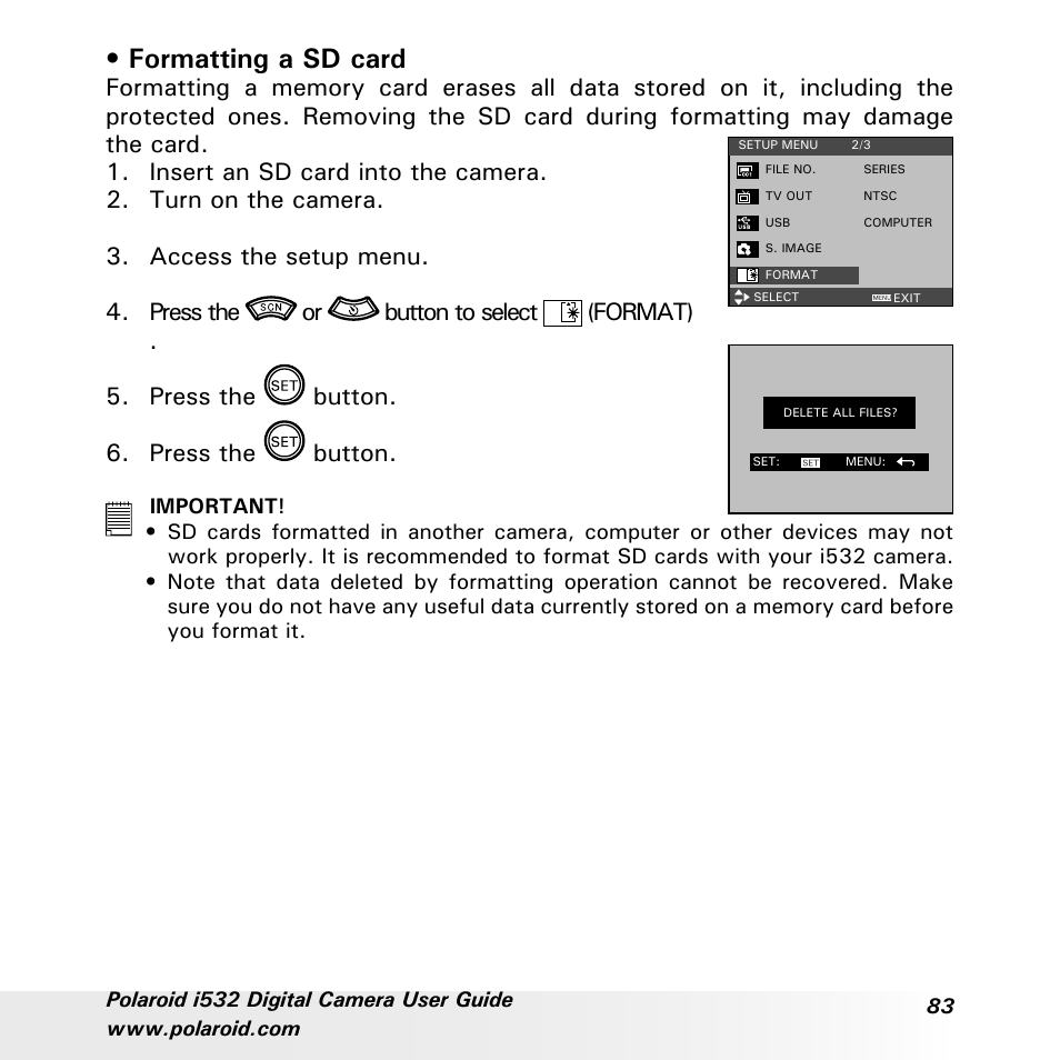 Formatting a sd card | Polaroid i532 User Manual | Page 83 / 110