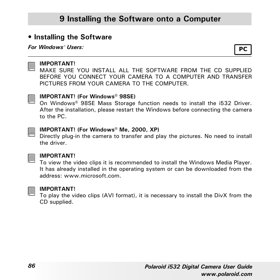 9 installing the software onto a computer, Installing the software | Polaroid i532 User Manual | Page 86 / 110