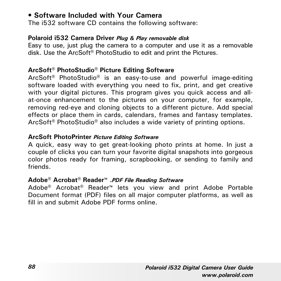 Software included with your camera | Polaroid i532 User Manual | Page 88 / 110