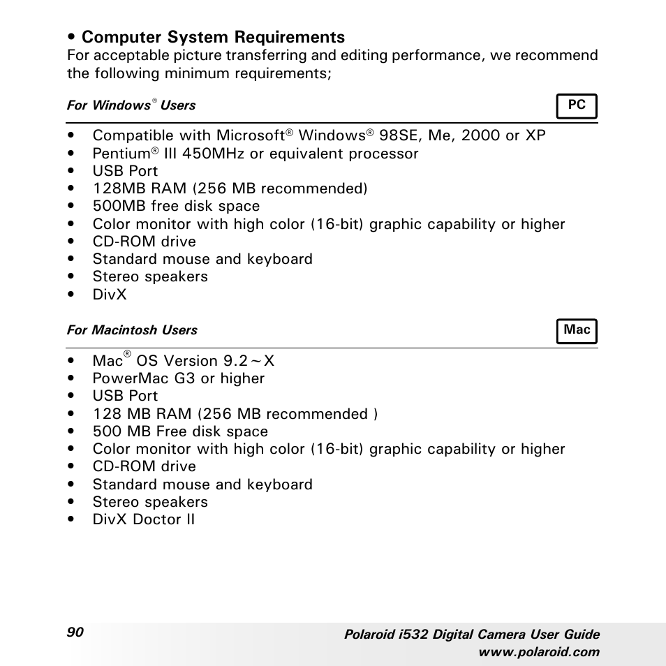 Computer system requirements | Polaroid i532 User Manual | Page 90 / 110