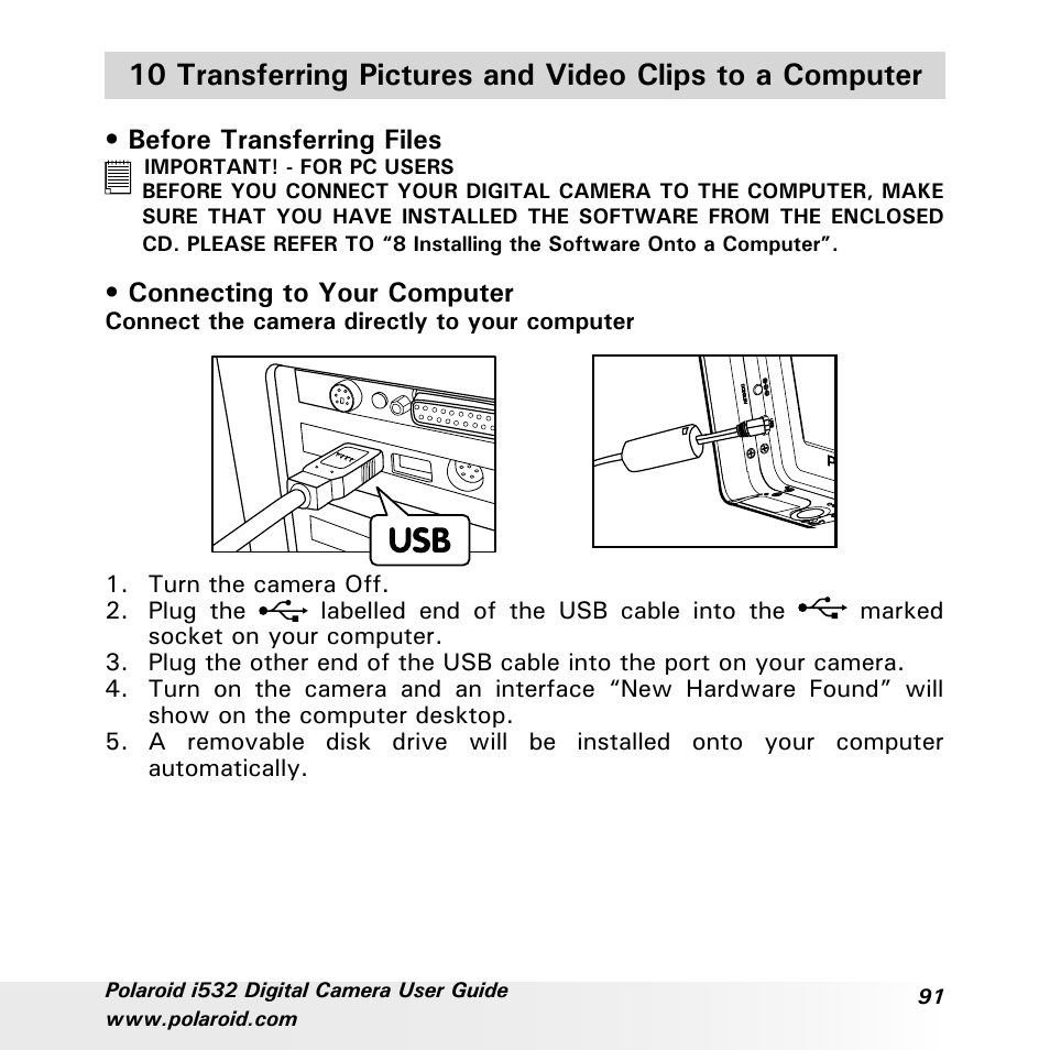 Before transferring files, Connecting to your computer | Polaroid i532 User Manual | Page 91 / 110