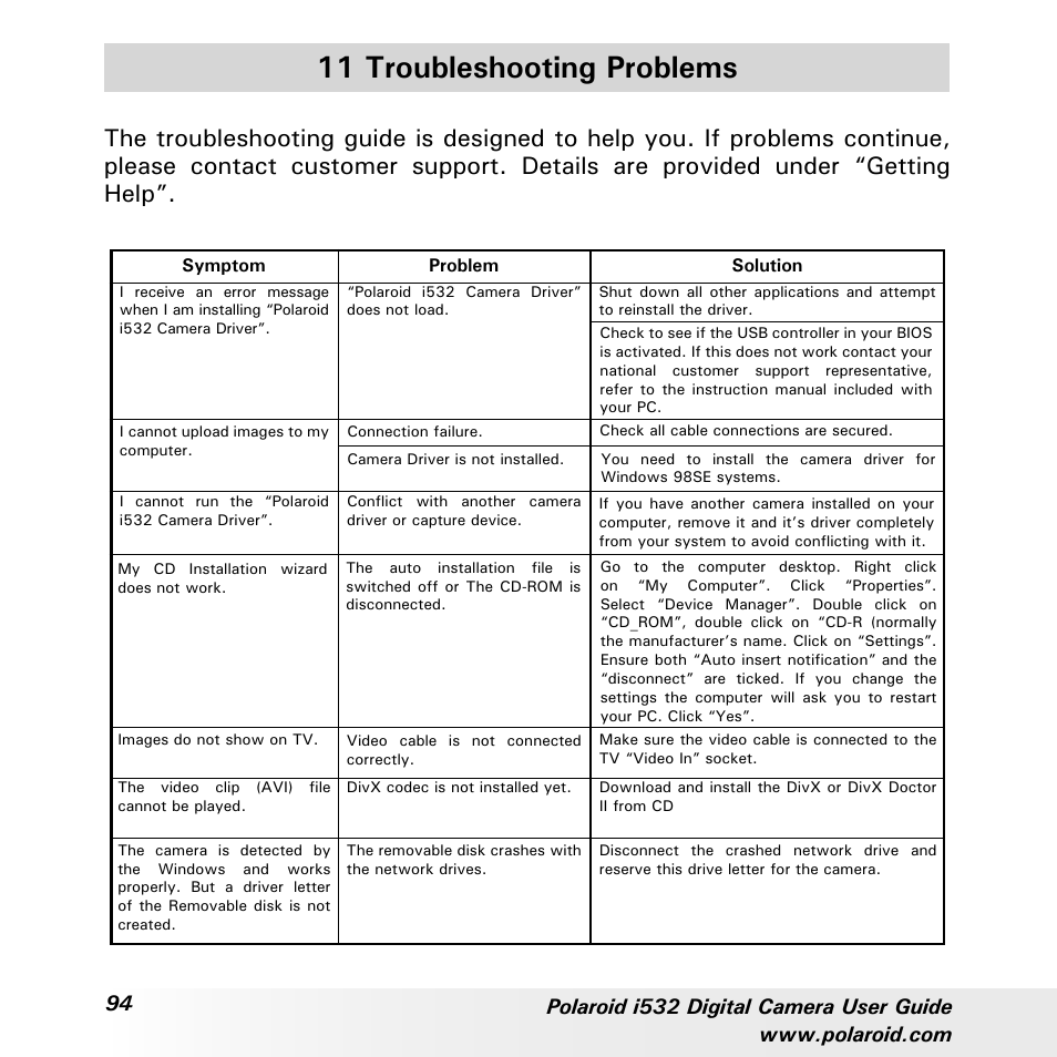 11 troubleshooting problems | Polaroid i532 User Manual | Page 94 / 110
