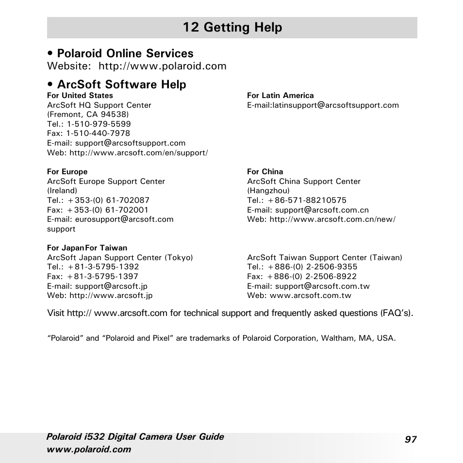 12 getting help, Polaroid online services, Arcsoft software help | Polaroid i532 User Manual | Page 97 / 110