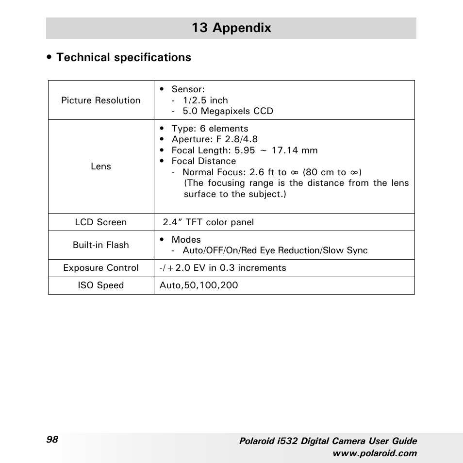 13 appendix, Technical specifications | Polaroid i532 User Manual | Page 98 / 110