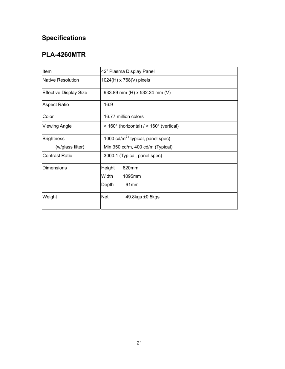 Specifications, Pla-4260mtr | Polaroid PLA-4260MTR User Manual | Page 21 / 22