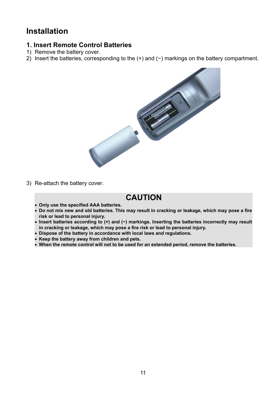 Installation, Caution, Insert remote control batteries | Polaroid PLA-4250A User Manual | Page 11 / 28