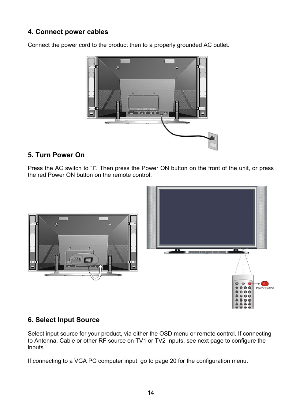 Connect power cables, Turn power on, Select input source | Polaroid PLA-4250A User Manual | Page 14 / 28