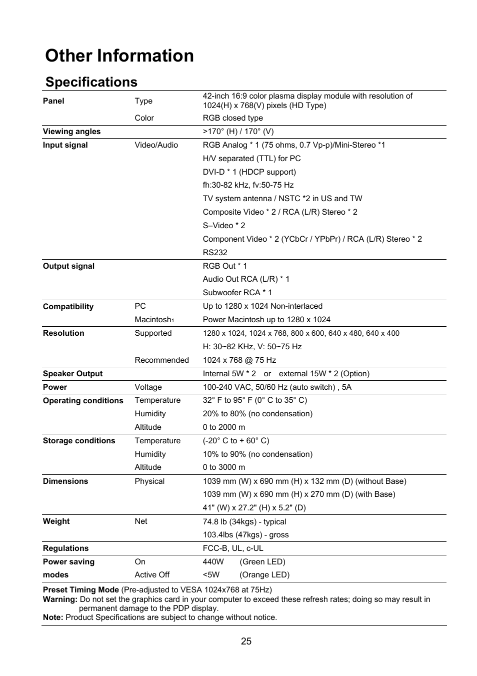 Other information, Specifications | Polaroid PLA-4250A User Manual | Page 25 / 28