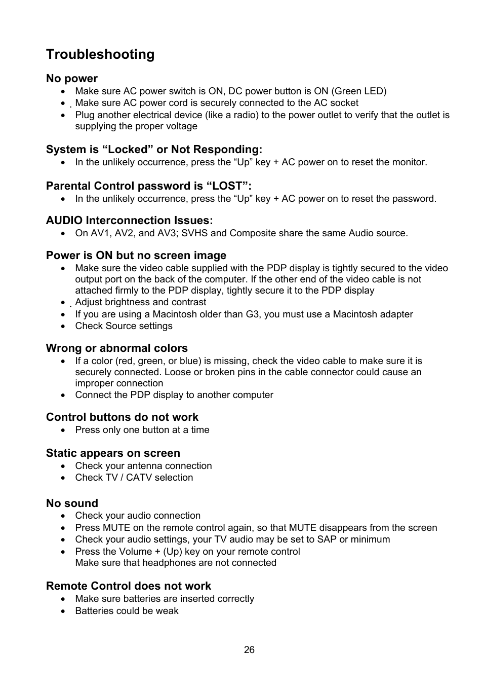 Troubleshooting | Polaroid PLA-4250A User Manual | Page 26 / 28